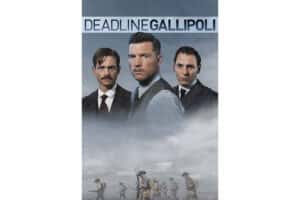 Promotional Poster for Deadline Gallipoli Showing Three Men in Vintage Suits Under a Cloudy Sky, with Troops Marching Below.