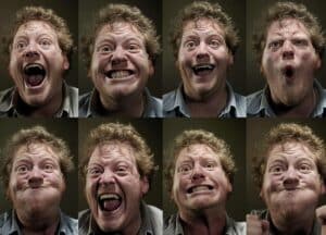 Collage of a Man with Multiple Close-up Faces Showing Surprised, Grinning, Laughing, and Shouting Expressions.