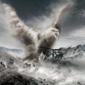 Military Helicopter Crashes Amid a Dusty, Smoke-filled Mountainside with Soldiers Taking Cover Nearby.