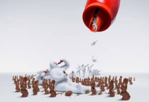 White Humanoid Figures Pour out from a Red Capsule Hovering Above a Crowd of Brown Figurines on a Pale Floor.