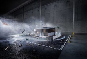 Stormy Scene Inside a Concrete Parking Area: Debris and Water Spray Sweep Past a Small Glass-fronted Booth Surrounded by Barriers.