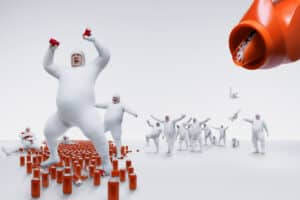 White Humanoid Figures on a Pale Field Scatter Red Cans; a Large Orange Machine Looms on the Right, Adding a Playful, Chaotic Scene.