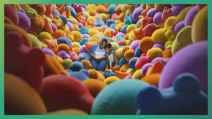 Adult and Child Reading a Book Together While Sitting Among Colorful Plush Stuffed Animals in a Playful, Cozy Setting.