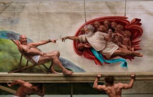 Older Man Relaxing in a Deck Chair Reaches Toward a Mural Depicting God-like Figure and Cherubs Emerging from a Red Shell, with Helpers Below the Platform.